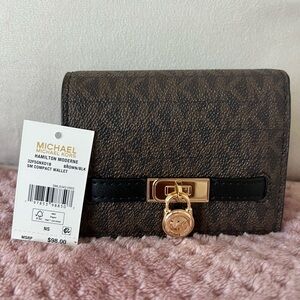 Michael Kors Brown & Black Hamilton Signature Compact Wallet with Gold Charm